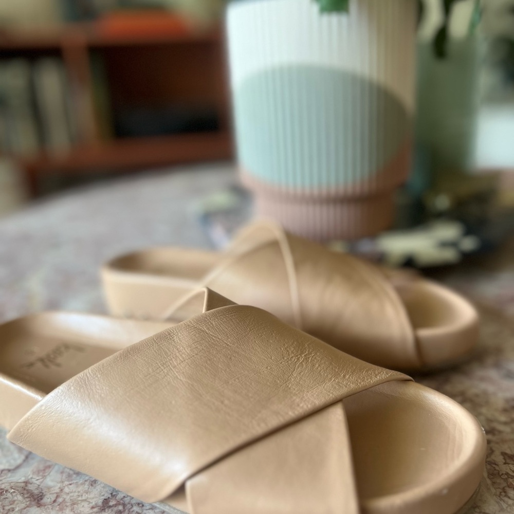 beek Tan Leather Slide Sandals